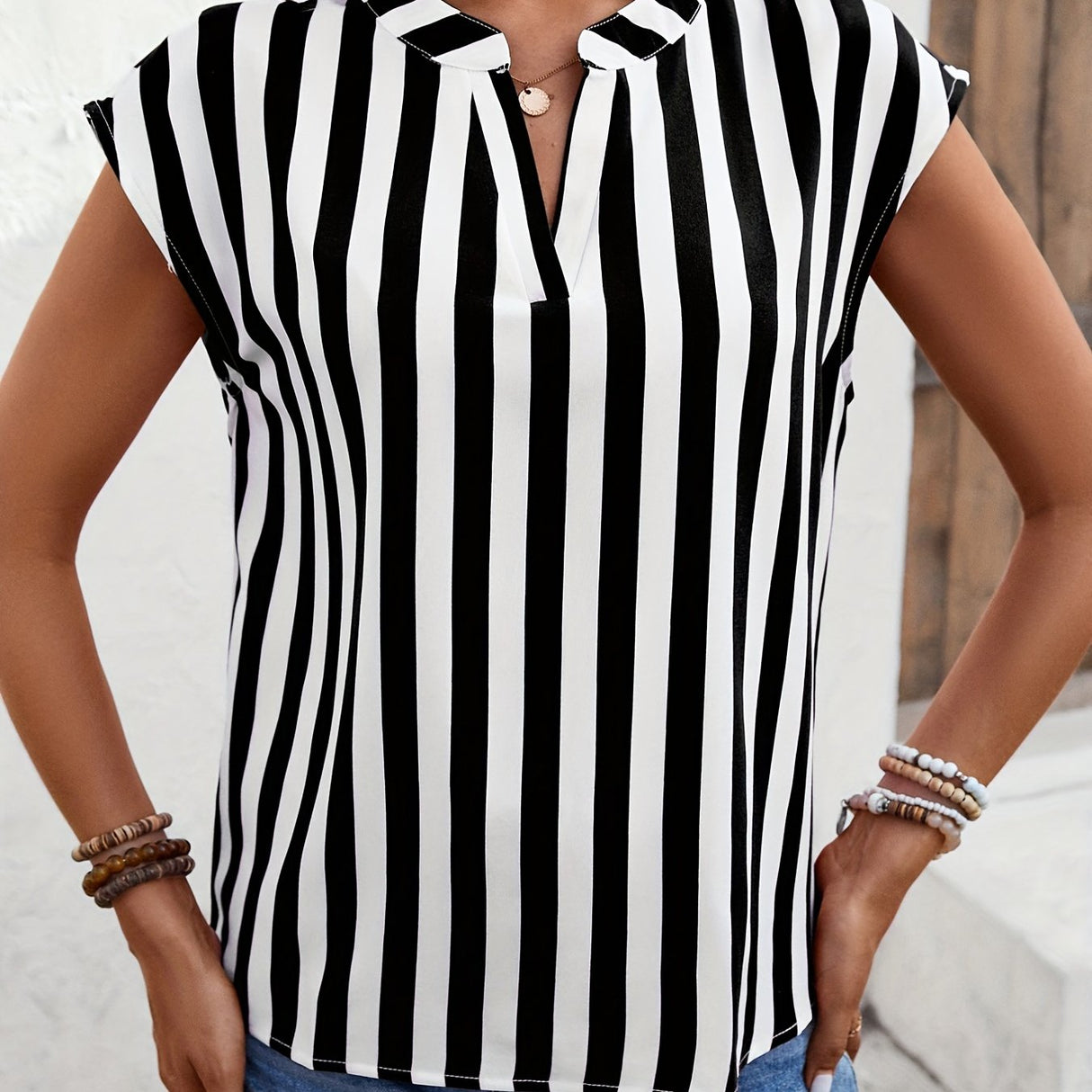 Striped Print Blouse, Casual V Neck Cap Sleeve Work Office Blouse, Women's Clothing