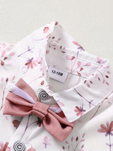 4pcs Toddler Boys Gentleman Outfit Set - Cotton Blend Long Sleeve Shirt, Bowtie, Vest, Suspender Pants with Floral Pattern for Wedding Party - All-Season Regular Fit, Woven Fabric, Single Breasted Lapel Collar, 5.0% Spandex,