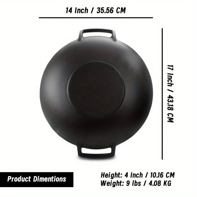 Large 14-Inch Cast Iron Wok with Wooden Lid - Perfect for Big Families and Social Gatherings, Durable, Heat-Resistant, and Non-Stick Cooking Surface