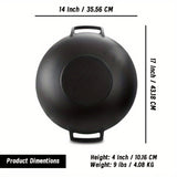 Large 14-Inch Cast Iron Wok with Wooden Lid - Perfect for Big Families and Social Gatherings, Durable, Heat-Resistant, and Non-Stick Cooking Surface