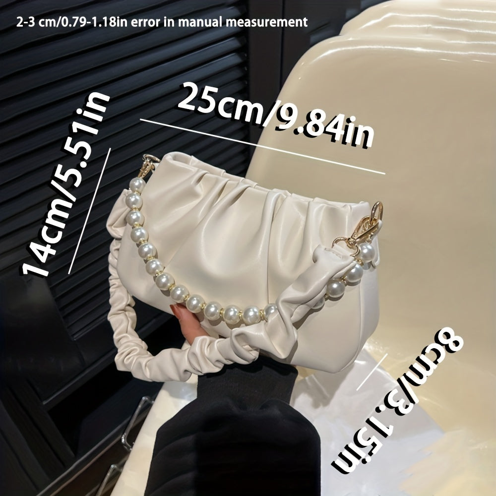 Chic White Ruched Handbag with Pearl Accents, Soft PU Leather, Versatile Underarm and Shoulder Bag for All Occasions