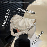 Chic White Ruched Handbag with Pearl Accents, Soft PU Leather, Versatile Underarm and Shoulder Bag for All Occasions