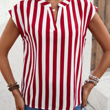 Striped Print Blouse, Casual V Neck Cap Sleeve Work Office Blouse, Women's Clothing