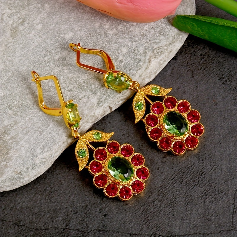Vintage-Inspired 925 Silver Plated, 14K Gold Plated Dangle Earrings with Mosaic Synthetic Gems, Boho Chic Flower Rose Red Leaf Design, Zinc Alloy Construction, Ideal Gift for Women