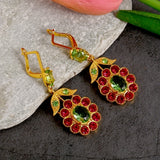 Vintage-Inspired 925 Silver Plated, 14K Gold Plated Dangle Earrings with Mosaic Synthetic Gems, Boho Chic Flower Rose Red Leaf Design, Zinc Alloy Construction, Ideal Gift for Women
