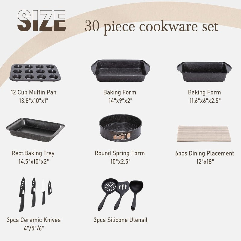 Kitchen Induction Cookware and Bakeware Set - 30 Piece Black Granite Cooking Pans Set Non-Stick Pots and Pans Set