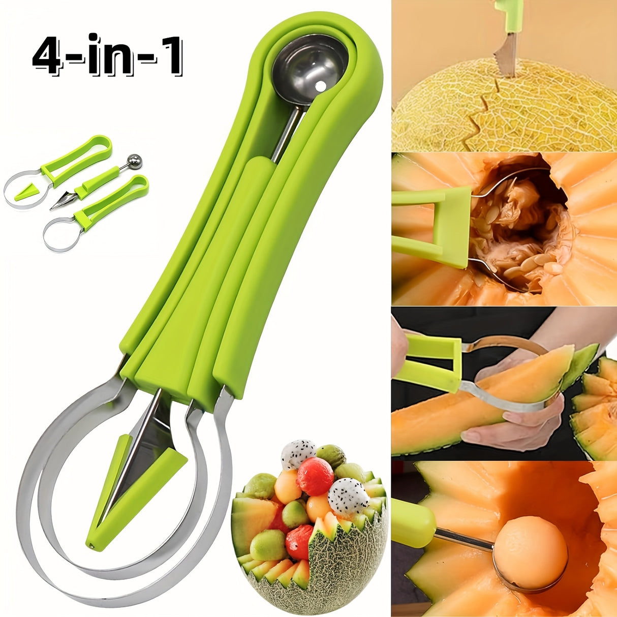 4-Piece Fruit Carving Knife Set - Stainless Steel Watermelon Slicer, Melon Baller Scoop, Seed Remover, Peeler - Multifunctional Fruit Shaping Kitchen Gadgets for Fruit Preparation & Decoration