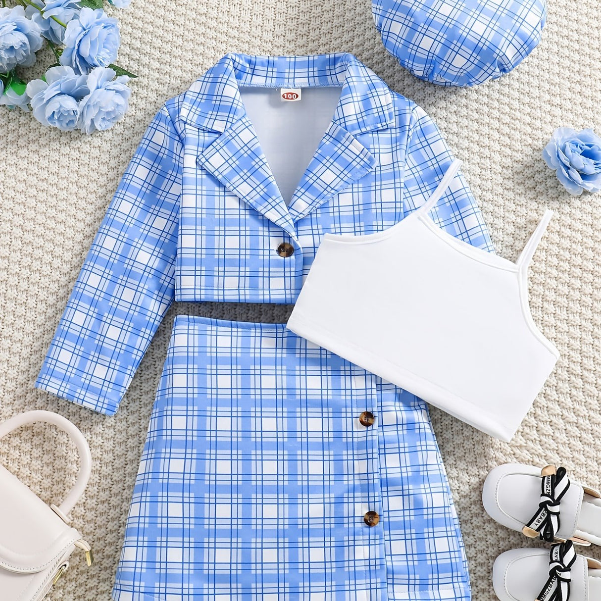 Girl's Trendy 4pcs, Long Sleeve Blazer & Beret Hat & Camisole & Skirt Set, Plaid Print Casual Outfits, Kids Clothes For Spring Summer