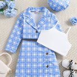Girl's Trendy 4pcs, Long Sleeve Blazer & Beret Hat & Camisole & Skirt Set, Plaid Print Casual Outfits, Kids Clothes For Spring Summer