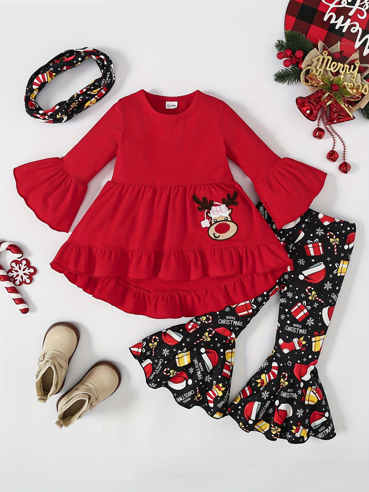 Girls 3pcs Ruffle Top & Elastic Waist Flared Pants & Scarf Set BOO Ghost Print Long Sleeve Pullover Top Halloween Style Casual Kids Clothes Spring Fall