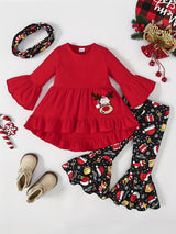 Girls 3pcs Ruffle Top & Elastic Waist Flared Pants & Scarf Set BOO Ghost Print Long Sleeve Pullover Top Halloween Style Casual Kids Clothes Spring Fall