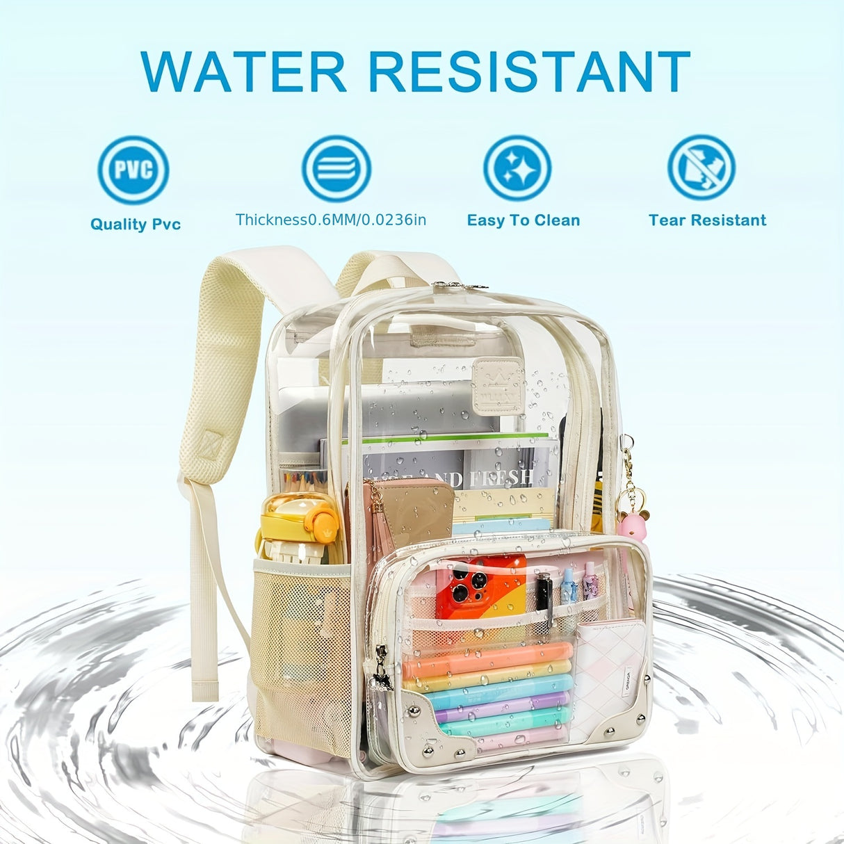 Clear Backpack for Women Men Stadium Events TPU Transparent Travel Backpacks Large Laptop College Bookbags Kids Elementary School Bag for Girls Boys Teens Student Causal Daypack-Beige