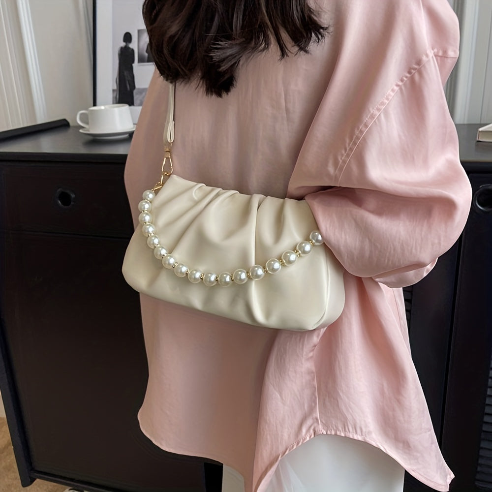 Chic White Ruched Handbag with Pearl Accents, Soft PU Leather, Versatile Underarm and Shoulder Bag for All Occasions