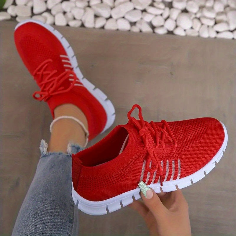 Women's Mesh Breathable Running Shoes, Solid Color Lace Up Front Summer Walking Shoes, Flying Woven Casual Sneakers