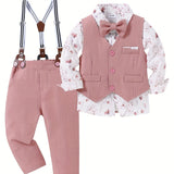 4pcs Toddler Boys Gentleman Outfit Set - Cotton Blend Long Sleeve Shirt, Bowtie, Vest, Suspender Pants with Floral Pattern for Wedding Party - All-Season Regular Fit, Woven Fabric, Single Breasted Lapel Collar, 5.0% Spandex,