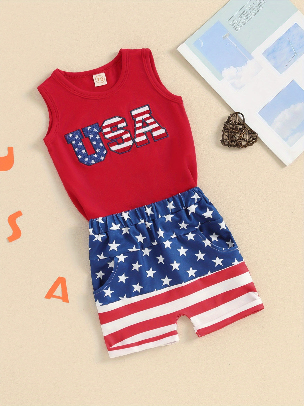 4th of July Toddler Boys Outfits Fuzzy Letter Embroidered Tank Tops and Stripe Stars Print Shorts 2pcs Clothes Set, Perfect for Outdoor