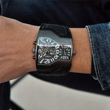 Oulm Classic Style Two Time Zone Men's Watches PU Leather Wristwatch Male Quartz Clock, Ideal choice for Gifts