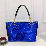 Large Capacity Sequin Glitter Tote Bag - Sparkly Bling Metal Chain Shoulder Bag with Fixed Straps, Polyester Lining, and Zipper Closure - Perfect Casual Commuter Bag for Carnaval and Everyday Use, Great Gift Idea