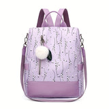 Pompom Decor Anti-Theft Travel Backpack Purse For Women - Floral Print Shoulder Bag - School Bag