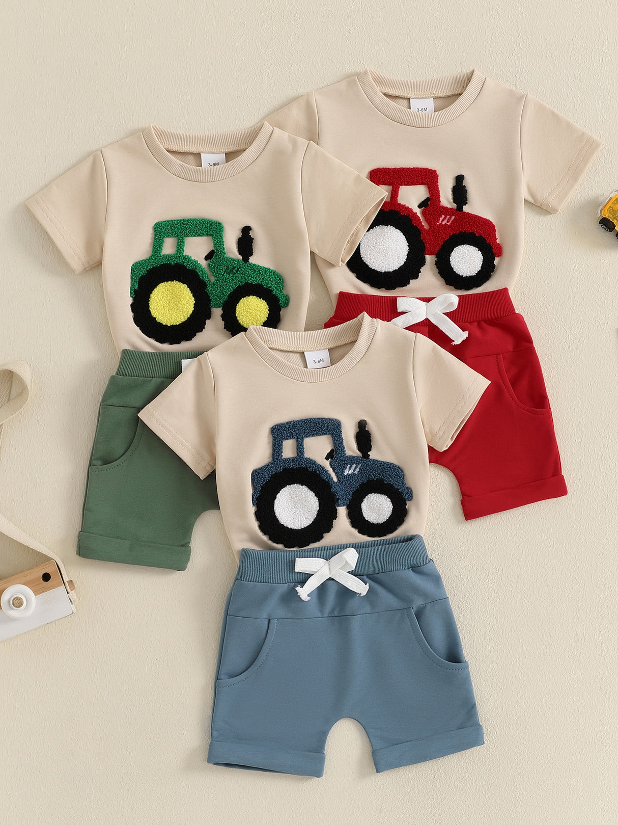 Toddler Boys Summer Outfits Truck Embroidered Round Neck Short Sleeve T-Shirts Elastic Waist Shorts 2pcs Clothes Set