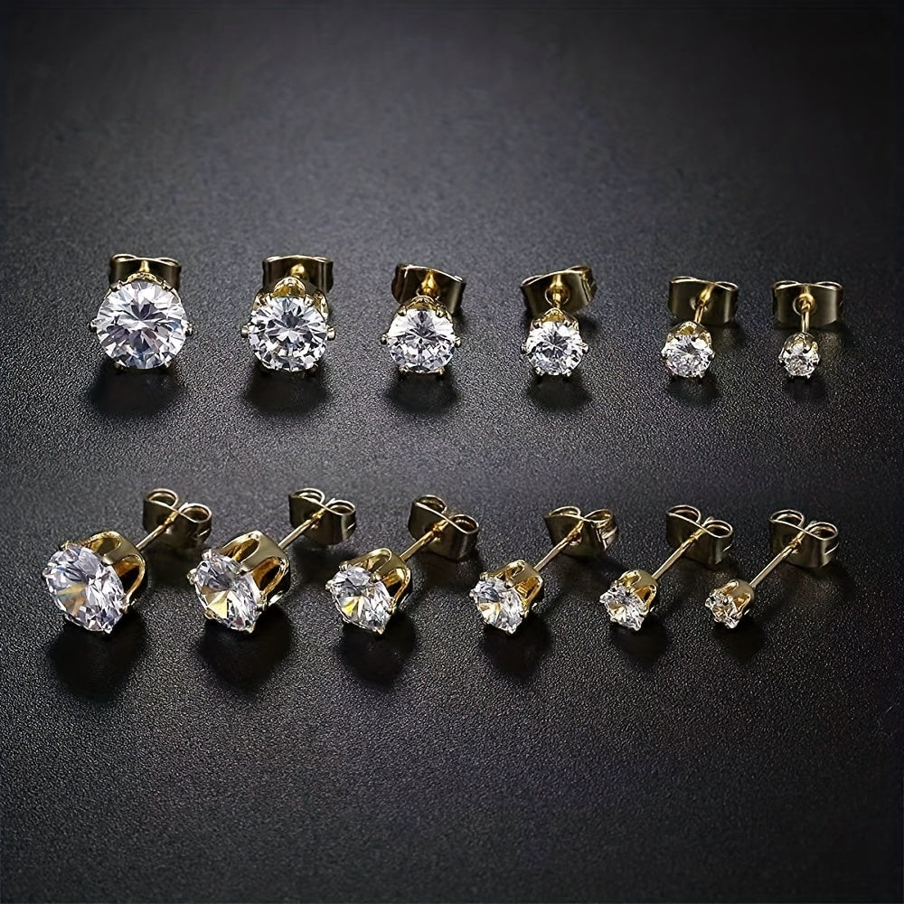 Sparkling Stainless Steel 6-Prong zirconia Stud Earrings Hypoallergenic Daily Decor Earrings 18K Gold Plated Ear Bone Buckle Jewelry