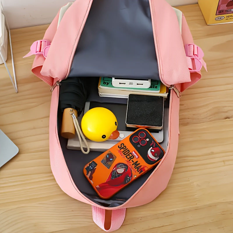 5pcs LANSHIYA Canvas Backpack Set - Solid Color, Casual Travel & School Bag with Messenger Bag, Large Capacity, Zipper Closure, Polyester Lining, Hand Wash/Dry Clean Care