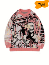 ANDREILEE Street Style Knit Pullover Sweater for Men - Crew Neck, Long Sleeve, Cartoon Pattern, Viscose Blend, Medium Stretch, Regular Fit, Casual Hip-Hop Fall/Winter Knitted Jumper - For Men - Suitable for Fall/Winter - Perf