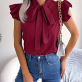 Bow Tie Flutter Sleeve Blouse, Elegant Sleeveless Solid Ruffle Trim Blouse, Women's Clothing Wedding holiday vacation