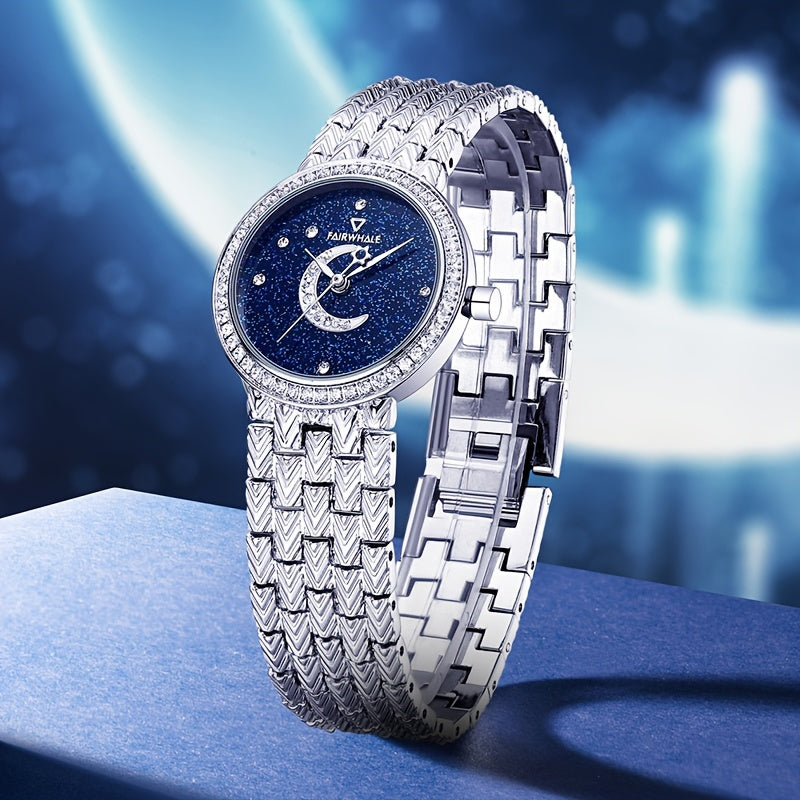 Round Quartz Watches Stainless Steel Strap Alloy Pointer Stainless Steel Rhinestone Dial Luminous Moon Phase Starry Sky Watches Gifts For Eid