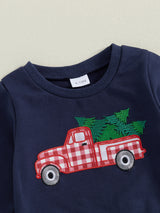 Toddler Boys Christmas Outfits Santa/Truck Embroidery Long Sleeve Sweatshirts and Plaid Long Pants 2Pcs Clothes Set