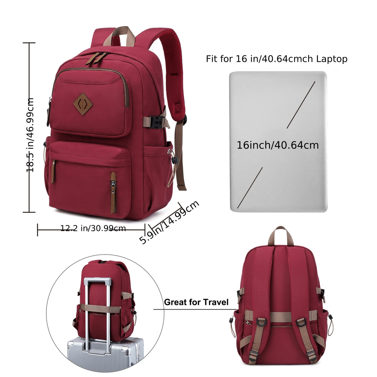 laptop backpack 15.6 inch anti theft travel backpacks for men and women large college bookbag work business daypack middle high school bag for girls boys teens students red