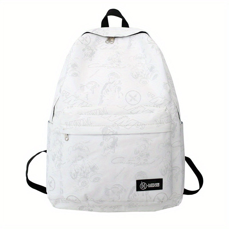 Reflective Graffiti-Style Large Capacity Backpack - Durable Nylon, Casual College & High School Bag with Laptop Compartment, Hand-Washable, Black with White & Gray Graphics, Backpack for School