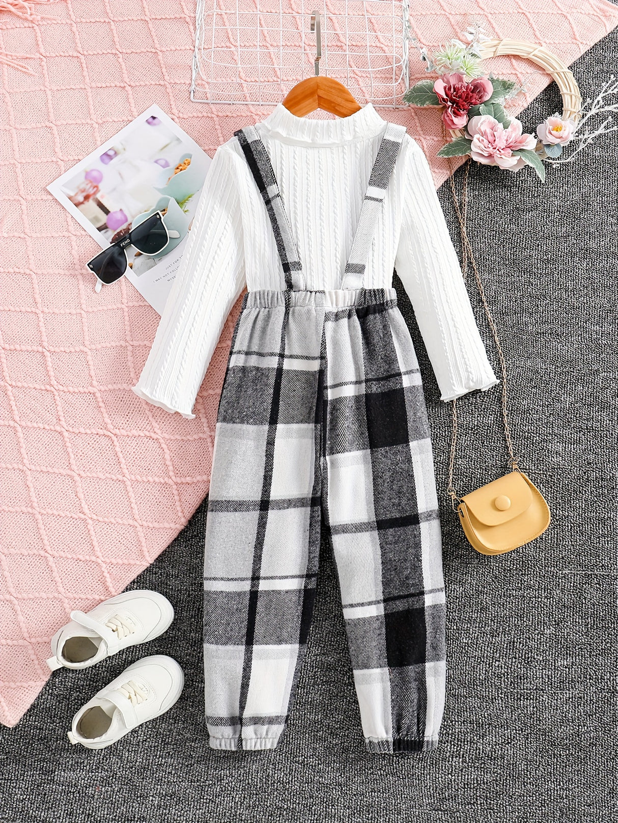 Girls 2pc, Solid Pullover Long Sleeve Top + Plaid Jumpsuit Kids Clothes For Spring Fall Outdoor