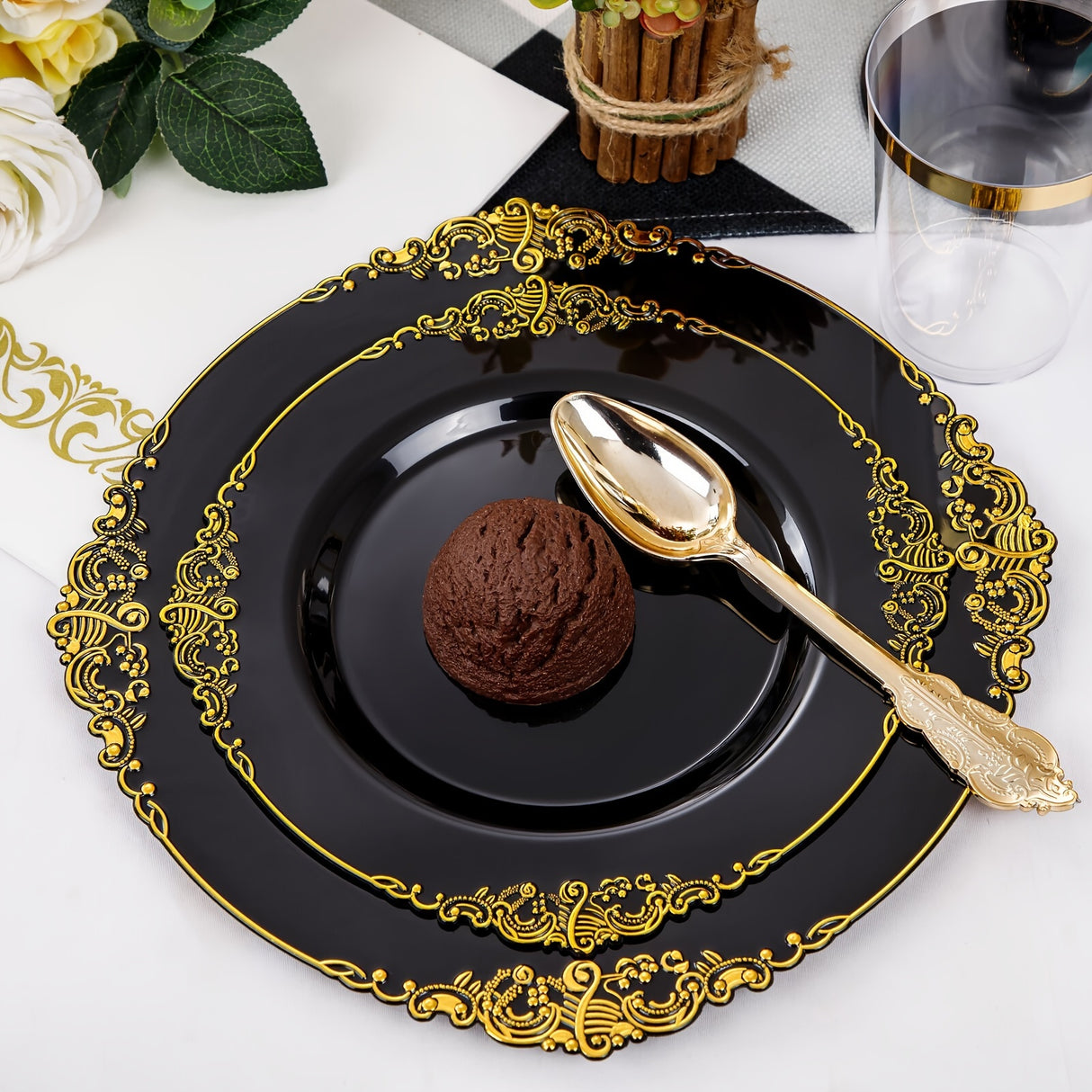 350PCS Black and Gold - Blue and Gold - Rose and Gold Plastic Plates - Black - Blue -Rose Plastic Dinnerware Sets for 50 Guests - 100 Black - Blue -Rose Disposable Plates, 150 Gold Plastic Silverware, 50 Cups, 50 Napkins for
