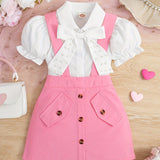 Buy 1 Get 1 Free, total of 2 pcs Girls Holiday Outfit Set - Adorable Beaded Bow Puff Sleeve T-shirt and Button Decor Suspender Skirt Combo - Perfect for Little Girls, Ideal Summer Gift and Holiday Wear, Girls Clothing Collect