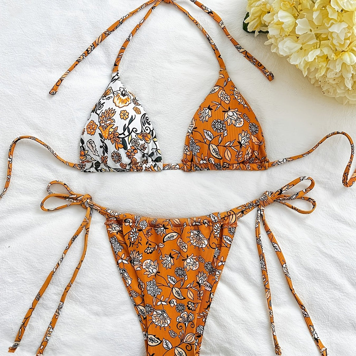 New European And American Floral Tie Bikini Two-piece Set Sexy Split Swimsuit For Women Beach Vacation Swimsuit For Women