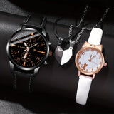 4pcs/set Romantic Couples Watch & Necklace Set - Stylish Quartz Watches with Adjustable Leather Bands & Matching Heart Pendants, Perfect Valentines Day Gift for Lovers
