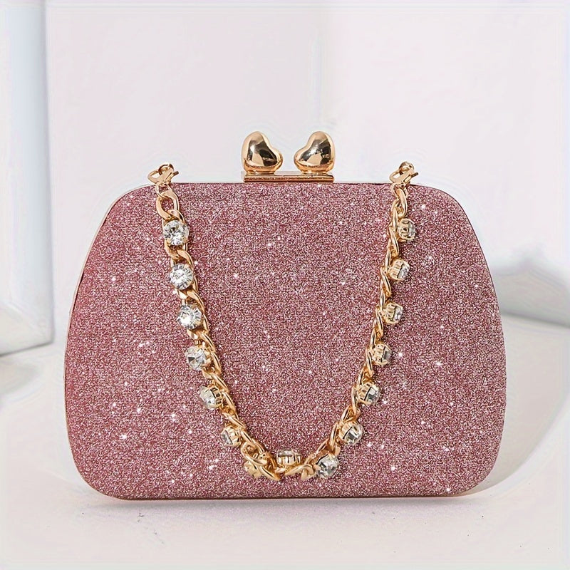 Shimmering Heart Glam Clutch Bag - Studded Chain & Metal Detail - Versatile Evening Wear for Banquets & Parties - Durable PU Material