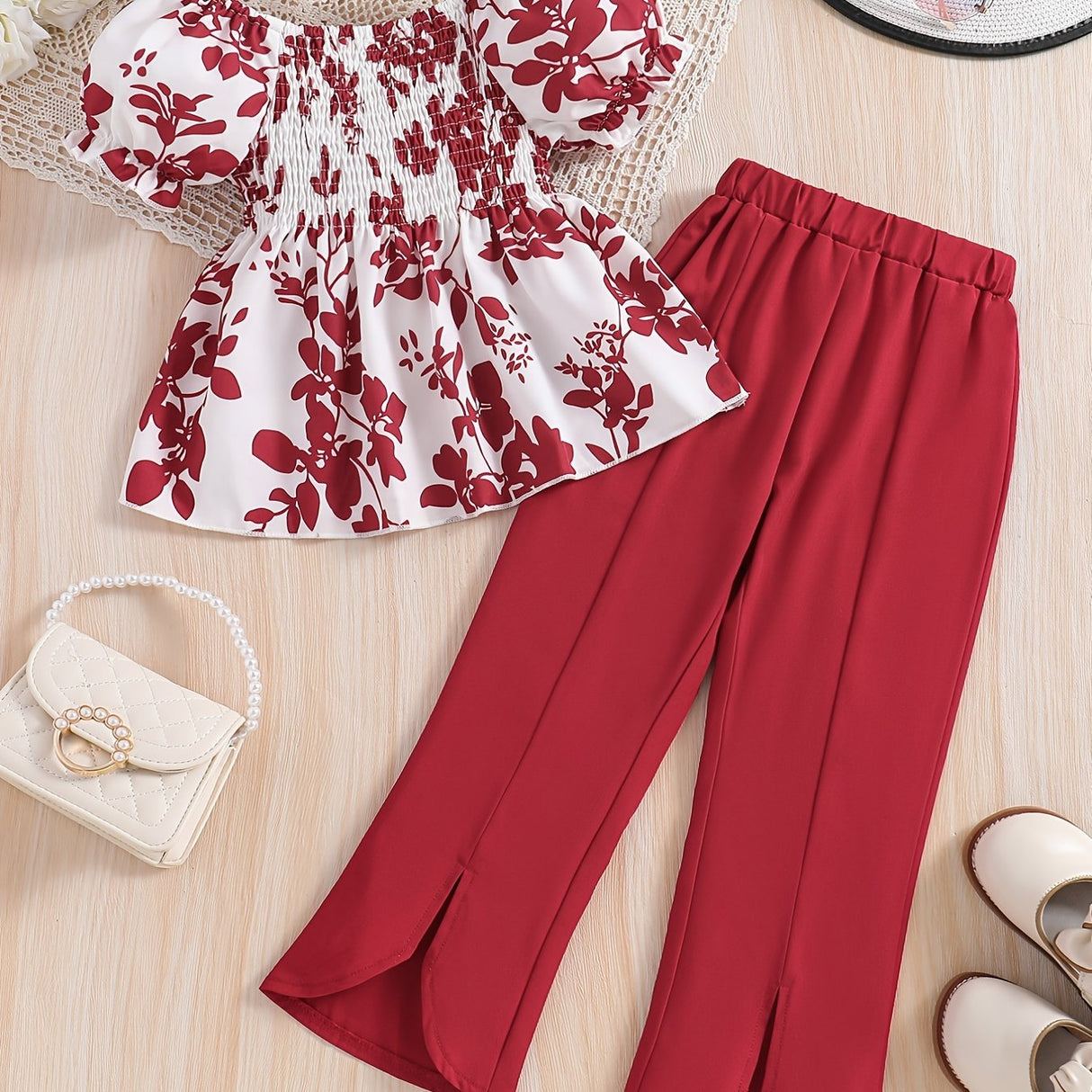 Girls 2pcs Shirred Shirt & Elastic Waist Flared Pants Set Floral Print Short Puff Sleeve Top Elegant Kids Clothes Summer