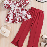 Girls 2pcs Shirred Shirt & Elastic Waist Flared Pants Set Floral Print Short Puff Sleeve Top Elegant Kids Clothes Summer