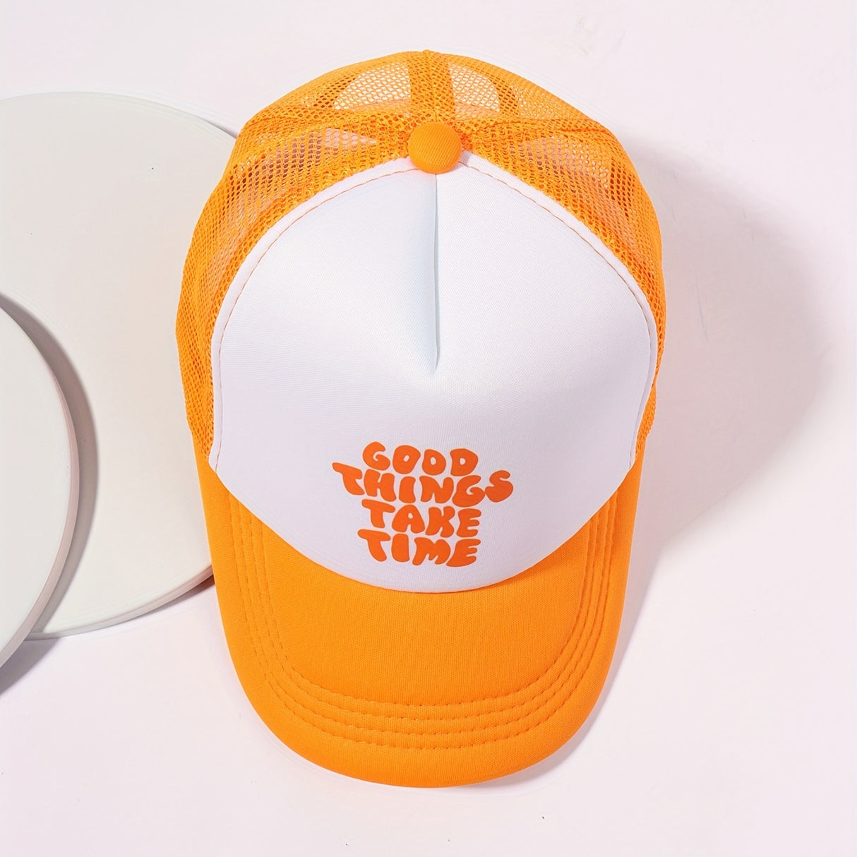 Printed Mesh Trucker Hat Good Things Take Time Color Block Baseball Cap Unisex Simple Breathable Dad Hats For Women Men