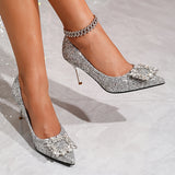 Glamorous Rhinestone Sequin High Heels for Women - Sexy French Style Pointed Toe Pumps with Stiletto Heel, Faux Cover