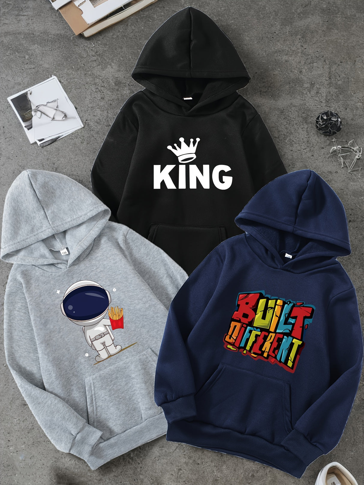 3pcs KING & BUILT DIFFERENT & Astronaut Print Boys Warm Fleece Hoodies, Long Sleeve Sweatshirt Top, Trendy Style, Boys Clothes For Spring Fall Winter