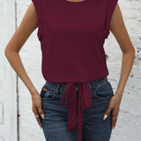 Chic Keyhole Back Tie Front Blouse - Effortless Casual Style with Classic Crew Neck Design - Perfect for Womens Spring and Summer Fashion