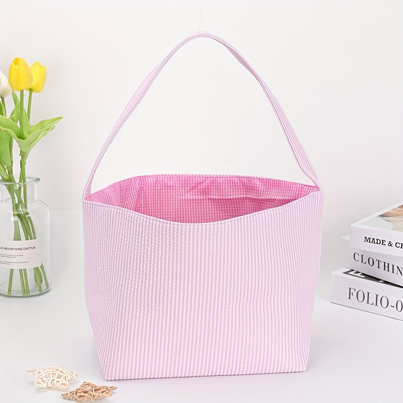 1pc Large Capacity Tote Bag, Easter Gift Bag, Easter Eggs Storage Bucket, Striped Seersucker Bunny Bag, Hunting Easter Eggs Handbag, Easter Party Decorations Gifts Bag, Party Tote Bags, Easter Gift Party Supplies