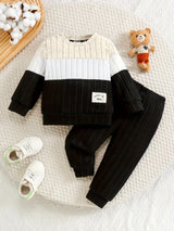 Toddler Boys 2-Piece Outfit, Spring/Autumn Knit Long Sleeve Top with Ribbed Pants, Casual Round Neck, Stretch Polyester, Color Block Design, Elastic Waistband, Baby Clothing Set, For Outdoor