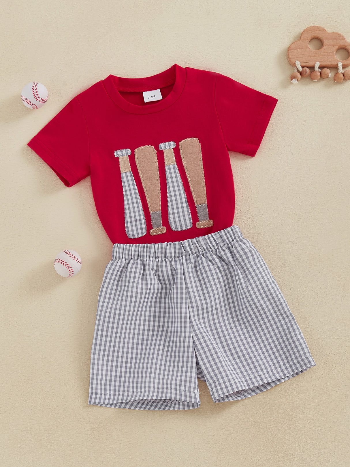 Toddler Boys' Baseball Embroidered Cotton Shorts Set - Comfy Short Sleeve Round Neck Top with Elastic Waistband Plaid Shorts, Machine Washable, All-Season Wear, Comfortable Playwear|Playful Kids' Clothes|Easycare Clothing, Pe