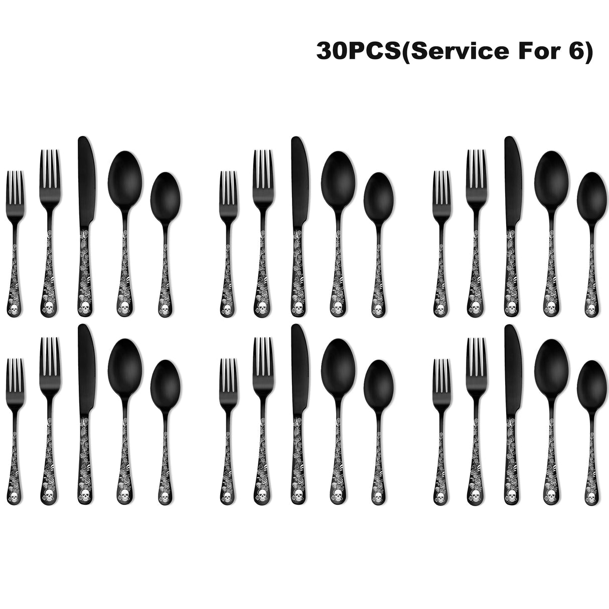 20/30pcs Gothic Design Cutlery Service For 4/6, Premium Stainless Steel Flatware Includes Spoon Fork And Knife, Cool Silverware With Skull&Rose Pattern, Mirror Polished, Nice Gift For Dark&Rock Lover/Halloween/Day Of The Dead