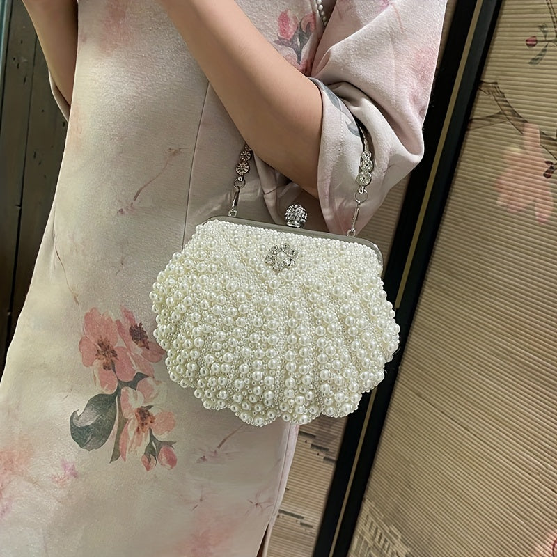 Shiny Event Clutch Bag, Buckle Metal Chain Handbag, Floral Handle Party Bag For Wedding