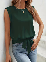 Chic Keyhole Back Tie Front Blouse - Effortless Casual Style with Classic Crew Neck Design - Perfect for Womens Spring and Summer Fashion